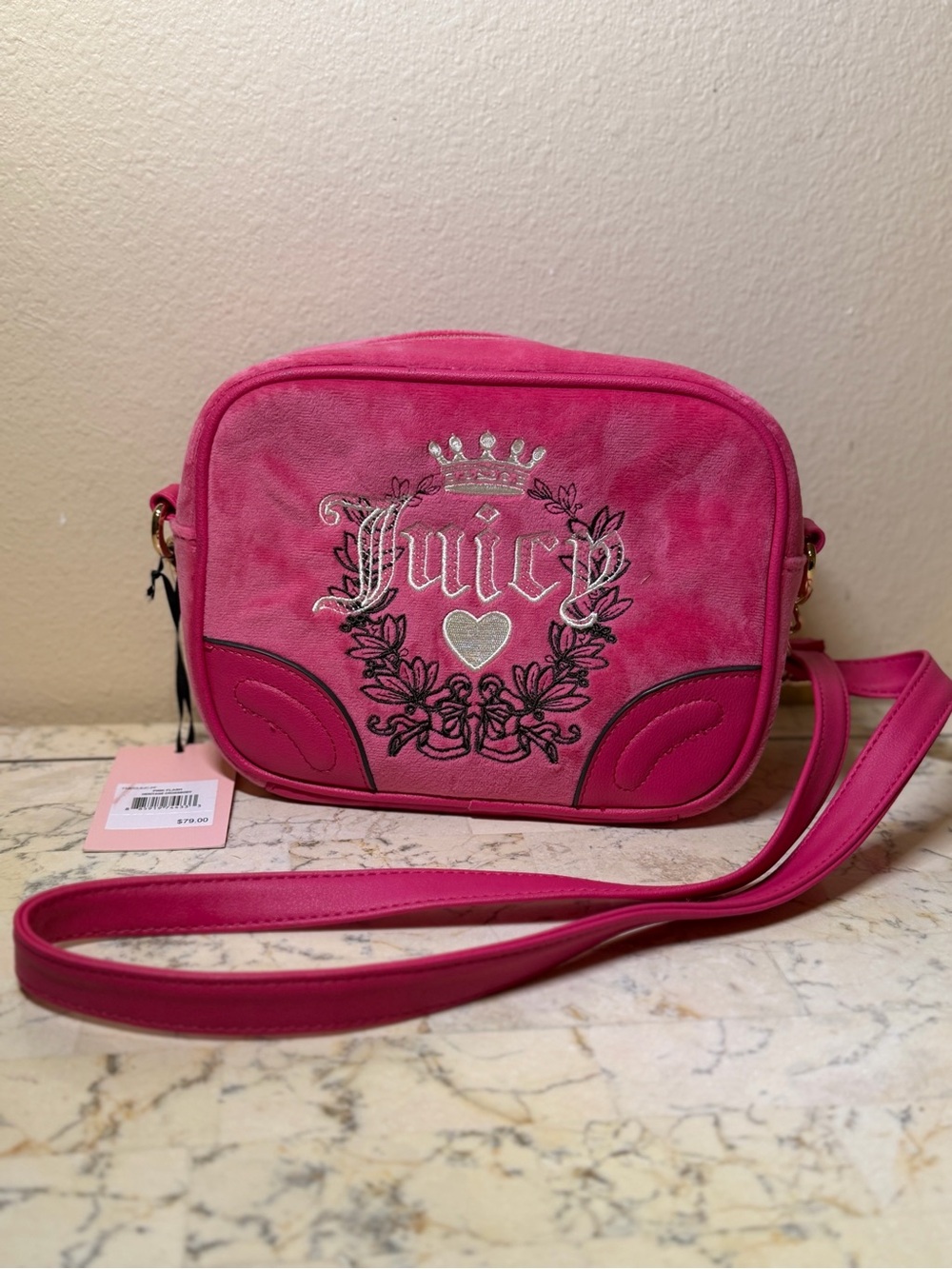 Juicy Couture Hot Pink Crossbody Camera Bag with Embroidered Crest